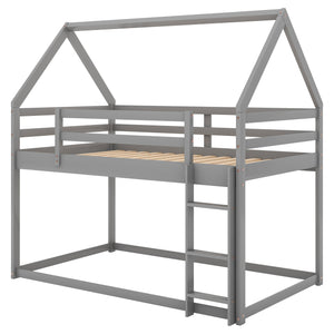 English Elm Twin Low Bunk Bed House Frame with Ladder, Pine & MDF Durable Construction for Kids' Cozy Playroom Gray WF285733AAE