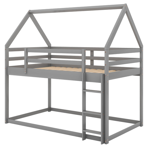 English Elm Twin Low Bunk Bed House Frame with Ladder, Pine & MDF Durable Construction for Kids' Cozy Playroom Gray WF285733AAE