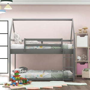 English Elm Twin Low Bunk Bed House Frame with Ladder, Pine & MDF Durable Construction for Kids' Cozy Playroom Gray WF285733AAE