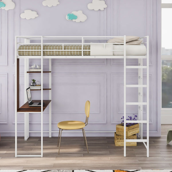 English Elm Twin Metal Loft Bed with Integrated Desk and Shelves for Kids Study Space White MF291671AAK