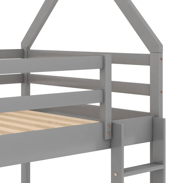 English Elm Twin Low Bunk Bed House Frame with Ladder, Pine & MDF Durable Construction for Kids' Cozy Playroom Gray WF285733AAE
