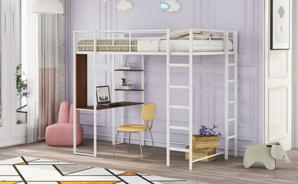 English Elm Twin Metal Loft Bed with Integrated Desk and Shelves for Kids Study Space White MF291671AAK