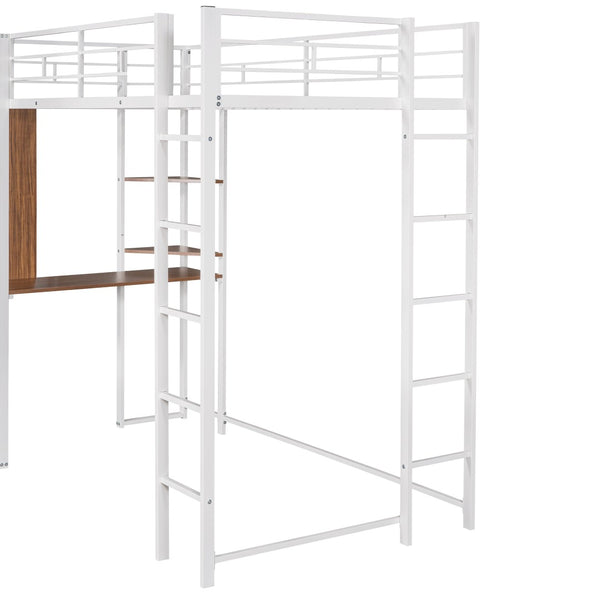 English Elm Twin Metal Loft Bed with Integrated Desk and Shelves for Kids Study Space White MF291671AAK
