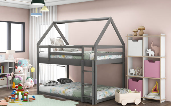 English Elm Twin Low Bunk Bed House Frame with Ladder, Pine & MDF Durable Construction for Kids' Cozy Playroom Gray WF285733AAE