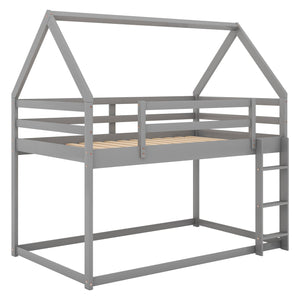 English Elm Twin Low Bunk Bed House Frame with Ladder, Pine & MDF Durable Construction for Kids' Cozy Playroom Gray WF285733AAE