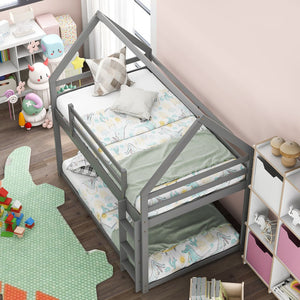 English Elm Twin Low Bunk Bed House Frame with Ladder, Pine & MDF Durable Construction for Kids' Cozy Playroom Gray WF285733AAE