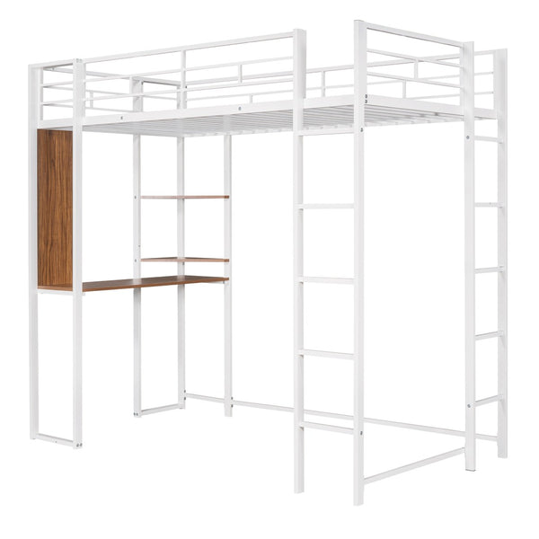 English Elm Twin Metal Loft Bed with Integrated Desk and Shelves for Kids Study Space White MF291671AAK