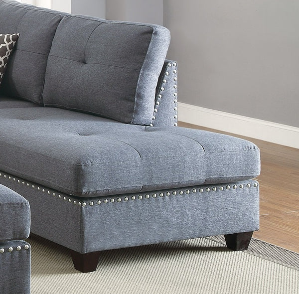 English Elm 3-pcs Reversible Sectional Sofa with Ottoman Nailhead Trim Bonded Leather Modern Cushioned Lounger Light Grey-Blue 11 L x 25 W x 35 H B011S00101