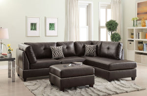 English Elm 3-pcs Reversible Sectional Sofa with Ottoman Nailhead Trim Bonded Leather Modern Cushioned Lounger Espresso 36 L x 24 W x 16 H B011S00100
