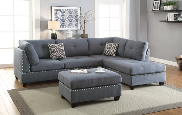 English Elm 3-pcs Reversible Sectional Sofa with Ottoman Nailhead Trim Bonded Leather Modern Cushioned Lounger Light Grey-Blue 11 L x 25 W x 35 H B011S00101