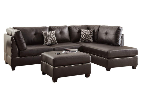 English Elm 3-pcs Reversible Sectional Sofa with Ottoman Nailhead Trim Bonded Leather Modern Cushioned Lounger Espresso 36 L x 24 W x 16 H B011S00100