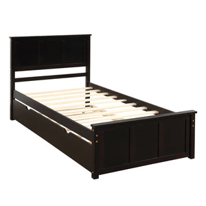 English Elm Platform Twin Size Bed with Rolling Trundle, Solid Wood & MDF Frame, Space-Saving Guest Solution Espresso WF194473AAP