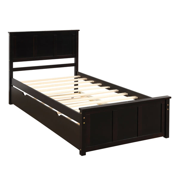 English Elm Platform Twin Size Bed with Rolling Trundle, Solid Wood & MDF Frame, Space-Saving Guest Solution Espresso WF194473AAP