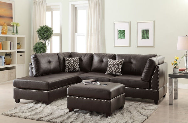 English Elm 3-pcs Reversible Sectional Sofa with Ottoman Nailhead Trim Bonded Leather Modern Cushioned Lounger Espresso 36 L x 24 W x 16 H B011S00100