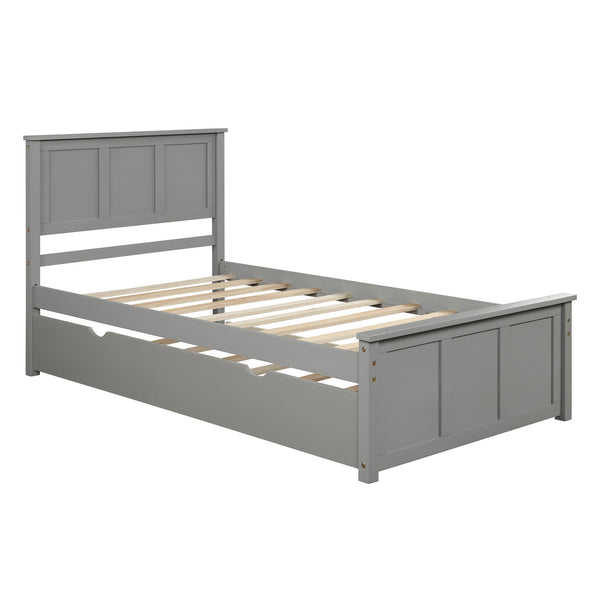 English Elm Platform Twin Size Bed with Rolling Trundle, Solid Wood & MDF Frame, Space-Saving Guest Solution Gray WF194473AAE