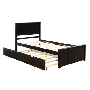 English Elm Platform Twin Size Bed with Rolling Trundle, Solid Wood & MDF Frame, Space-Saving Guest Solution Espresso WF194473AAP