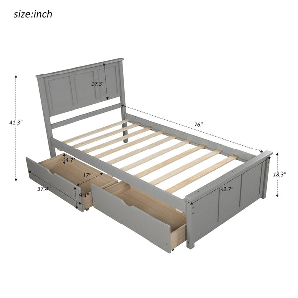 English Elm Platform Twin Storage Bed with Two Under-Drawer Wheels, Solid Wood & MDF Frame, Space-Saving Design Gray WF194472AAE