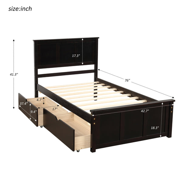 English Elm Platform Twin Storage Bed with Two Under-Drawer Wheels, Solid Wood & MDF Frame, Space-Saving Design Espresso WF194472AAP