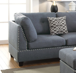 English Elm 3-pcs Reversible Sectional Sofa with Ottoman Nailhead Trim Bonded Leather Modern Cushioned Lounger Light Grey-Blue 11 L x 25 W x 35 H B011S00101