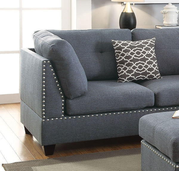 English Elm 3-pcs Reversible Sectional Sofa with Ottoman Nailhead Trim Bonded Leather Modern Cushioned Lounger Light Grey-Blue 11 L x 25 W x 35 H B011S00101