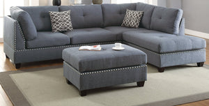 English Elm 3-pcs Reversible Sectional Sofa with Ottoman Nailhead Trim Bonded Leather Modern Cushioned Lounger Light Grey-Blue 11 L x 25 W x 35 H B011S00101