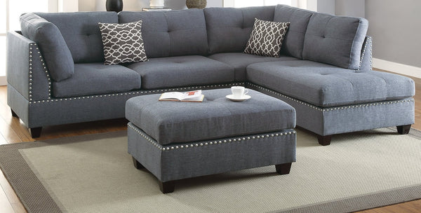 English Elm 3-pcs Reversible Sectional Sofa with Ottoman Nailhead Trim Bonded Leather Modern Cushioned Lounger Light Grey-Blue 11 L x 25 W x 35 H B011S00101