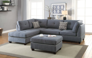 English Elm 3-pcs Reversible Sectional Sofa with Ottoman Nailhead Trim Bonded Leather Modern Cushioned Lounger Light Grey-Blue 11 L x 25 W x 35 H B011S00101