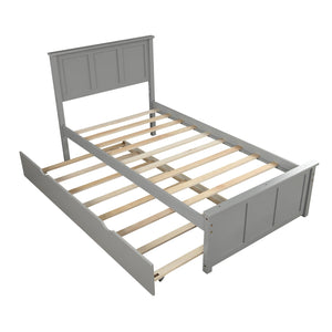 English Elm Platform Twin Size Bed with Rolling Trundle, Solid Wood & MDF Frame, Space-Saving Guest Solution Gray WF194473AAE