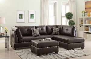 English Elm 3-pcs Reversible Sectional Sofa with Ottoman Nailhead Trim Bonded Leather Modern Cushioned Lounger Espresso 36 L x 24 W x 16 H B011S00100
