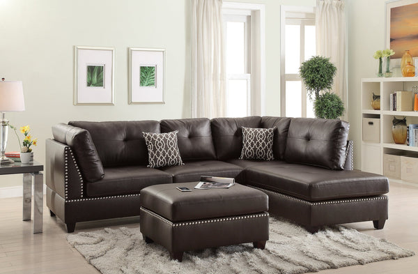 English Elm 3-pcs Reversible Sectional Sofa with Ottoman Nailhead Trim Bonded Leather Modern Cushioned Lounger Espresso 36 L x 24 W x 16 H B011S00100