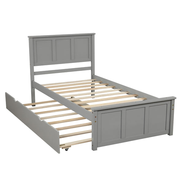 English Elm Platform Twin Size Bed with Rolling Trundle, Solid Wood & MDF Frame, Space-Saving Guest Solution Gray WF194473AAE