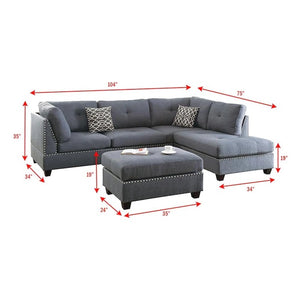 English Elm 3-pcs Reversible Sectional Sofa with Ottoman Nailhead Trim Bonded Leather Modern Cushioned Lounger Light Grey-Blue 11 L x 25 W x 35 H B011S00101