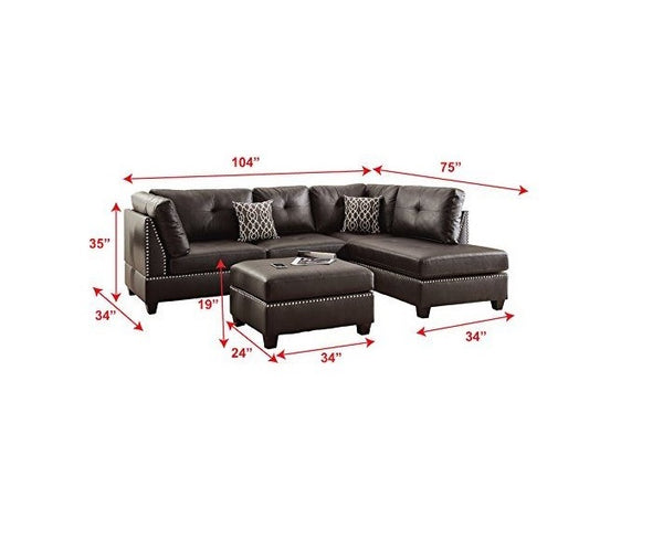 English Elm 3-pcs Reversible Sectional Sofa with Ottoman Nailhead Trim Bonded Leather Modern Cushioned Lounger Espresso 36 L x 24 W x 16 H B011S00100