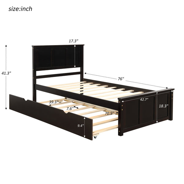 English Elm Platform Twin Size Bed with Rolling Trundle, Solid Wood & MDF Frame, Space-Saving Guest Solution Espresso WF194473AAP