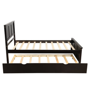 English Elm Platform Twin Size Bed with Rolling Trundle, Solid Wood & MDF Frame, Space-Saving Guest Solution Espresso WF194473AAP