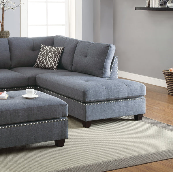 English Elm 3-pcs Reversible Sectional Sofa with Ottoman Nailhead Trim Bonded Leather Modern Cushioned Lounger Light Grey-Blue 11 L x 25 W x 35 H B011S00101