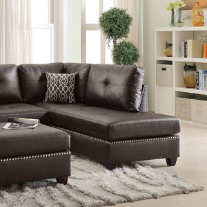 English Elm 3-pcs Reversible Sectional Sofa with Ottoman Nailhead Trim Bonded Leather Modern Cushioned Lounger Espresso 36 L x 24 W x 16 H B011S00100