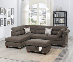 English Elm Sectional Velvet Tan Reversible Chaise Sofa with Nickel-Stud Trim, Cocktail Storage Ottoman & Pillows B011S00104