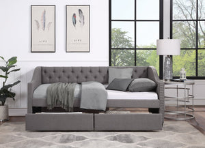 English Elm Upholstered Twin Daybed with Storage Drawers Diamond Tufted Gray Linen Sofa Bed LP100011AAE-1