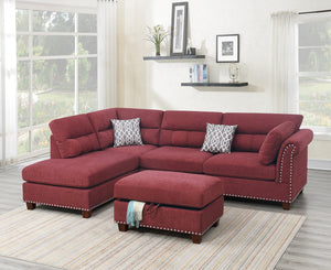 English Elm Sectional Paprika Red Velvet 3-Piece Sofa with Reversible Chaise, Ottoman, Nickel Studs, Pillows HS00-F6419