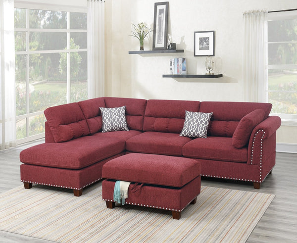 English Elm Sectional Paprika Red Velvet 3-Piece Sofa with Reversible Chaise, Ottoman, Nickel Studs, Pillows HS00-F6419