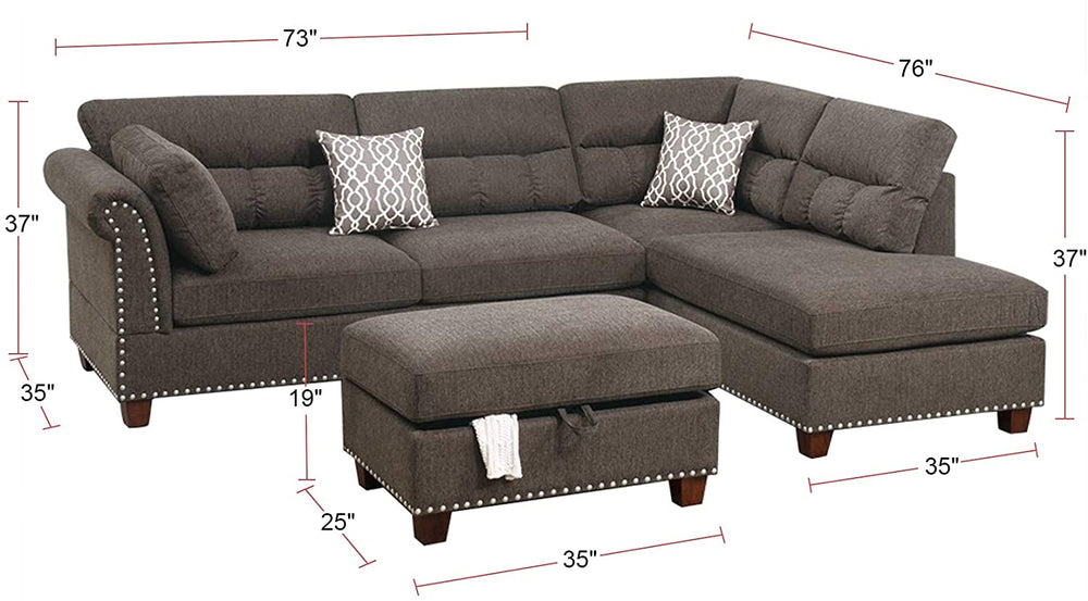 English Elm Sectional Velvet Tan Reversible Chaise Sofa with Nickel-Stud Trim, Cocktail Storage Ottoman & Pillows B011S00104