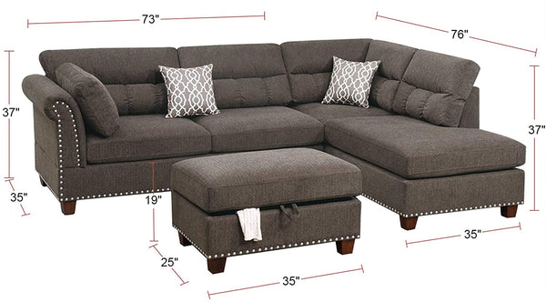 English Elm Sectional Velvet Tan Reversible Chaise Sofa with Nickel-Stud Trim, Cocktail Storage Ottoman & Pillows B011S00104