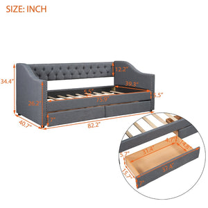 English Elm Upholstered Twin Daybed with Storage Drawers Diamond Tufted Gray Linen Sofa Bed LP100011AAE-1