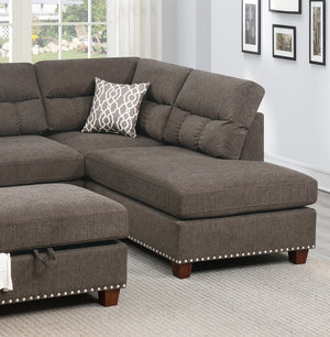 English Elm Sectional Velvet Tan Reversible Chaise Sofa with Nickel-Stud Trim, Cocktail Storage Ottoman & Pillows B011S00104