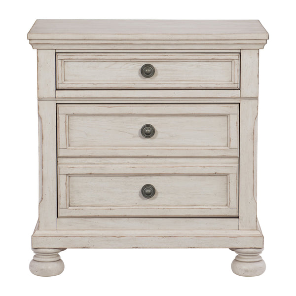 English Elm Transitional Wire-Brushed White Nightstand with Hidden Drawer & Bun Feet, Antique Ash Veneer Accent B01147617