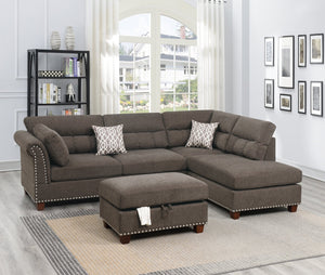 English Elm Sectional Velvet Tan Reversible Chaise Sofa with Nickel-Stud Trim, Cocktail Storage Ottoman & Pillows B011S00104