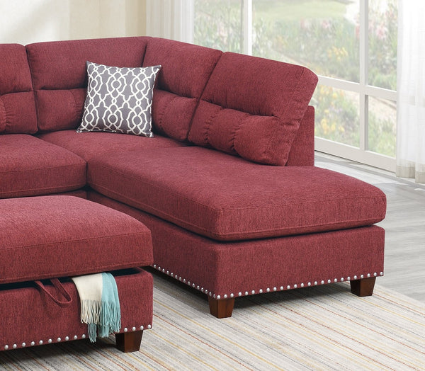 English Elm Sectional Paprika Red Velvet 3-Piece Sofa with Reversible Chaise, Ottoman, Nickel Studs, Pillows HS00-F6419