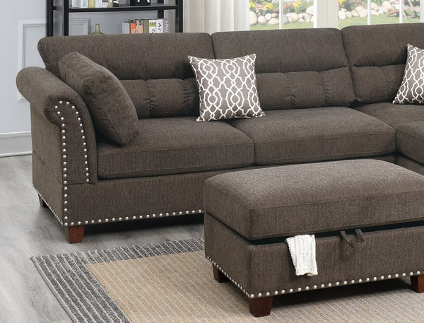 English Elm Sectional Velvet Tan Reversible Chaise Sofa with Nickel-Stud Trim, Cocktail Storage Ottoman & Pillows B011S00104