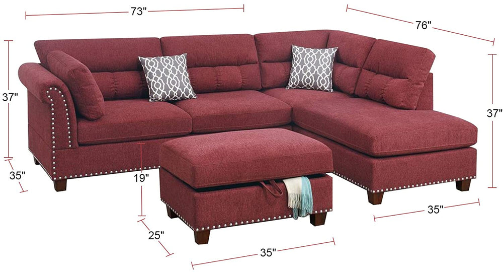 English Elm Sectional Paprika Red Velvet 3-Piece Sofa with Reversible Chaise, Ottoman, Nickel Studs, Pillows HS00-F6419